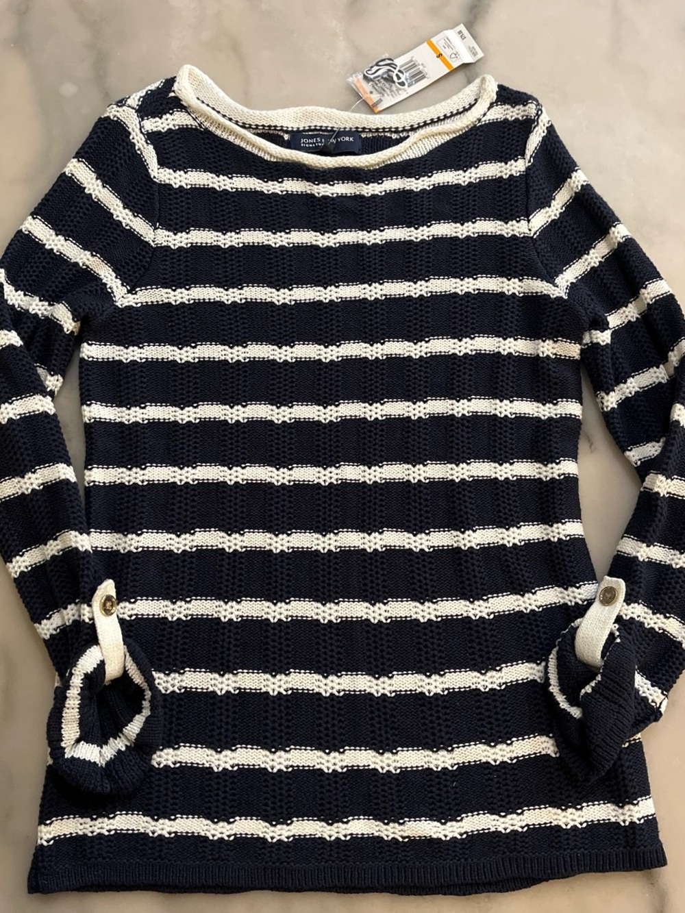 Jones New York Navy and White Striped Boatneck Sweater